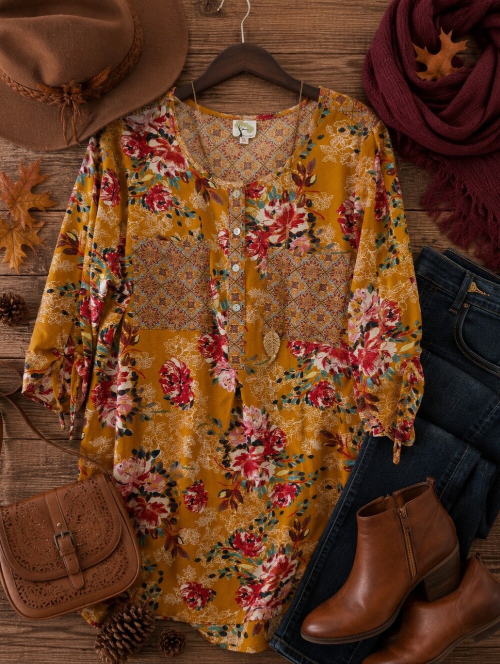 Fig & Flower 2X Mustard Floral Boho Tunic Top Mixed Print